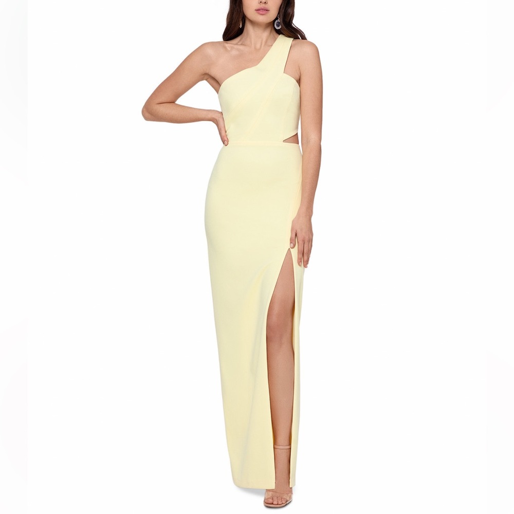 Xscape Pale Yellow One-Shoulder Cutout Evening Gown with Thigh Slit